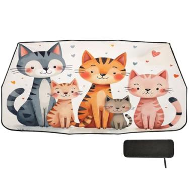 Imagem de Toldos de para-brisa da família de gatos fofos para proteção de isolamento térmico de carro guarda-chuva de 147 cm x 75 cm persianas de janela de carro