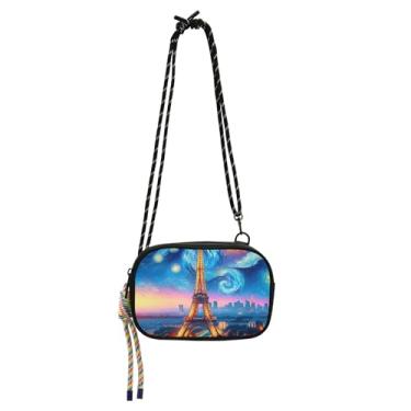 Imagem de TSENQUE Bolsa transversal feminina pequena carteira para celular feminina linda Torre Eiffel Paris noite estrelada sobre o ombro bolsas de viagem