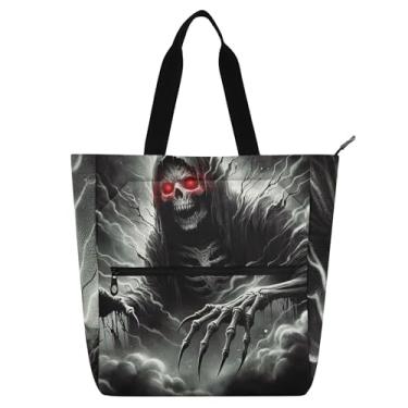 Imagem de GAIGEO Bolsa de mão cinza com caveira de terror de Halloween para mulheres, crianças, adolescentes, lona, reutilizável, trabalho, escola, bolsa
