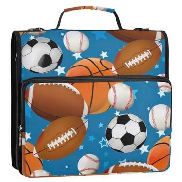Imagem de Fichários esportivos de basquete azul 3 cm com 3 anéis de fichário com zíper resistente com alça bolsa escolar do ensino médio, vários bolsos, pasta grande para portfólio