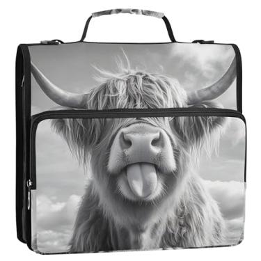 Imagem de Silly Highland Cow Tongue Out 3 fichários de 3,8 cm anel D organizador de fichário escolar com alça de ombro, vários bolsos, pasta grande para portfólio