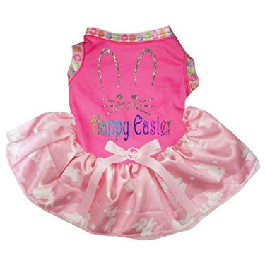 Imagem de Petitebella Vestido de cachorro Happy Easter Bunny Face (rosa choque/bolinhas de coelho rosa, GG)
