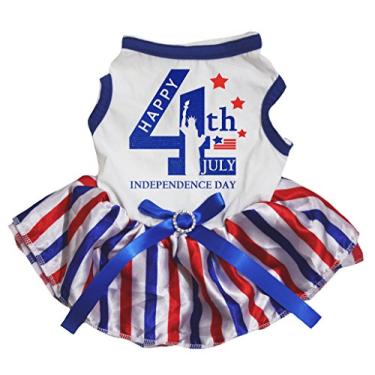 Imagem de Petitebella 4 de julho Estátua da Liberdade de Algodão Branco Tutu Vestido para Cachorro (PP, Branco/Listras RWB)