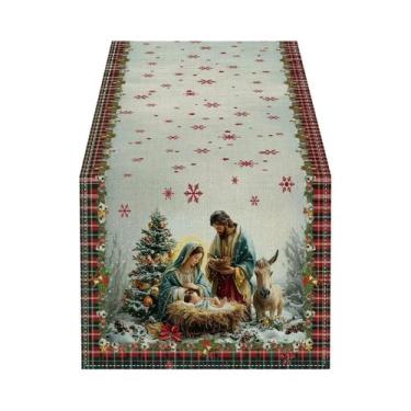 Imagem de Caminho De Mesa Festivo De Natal Com Cena De Natividade, Flocos De Nev