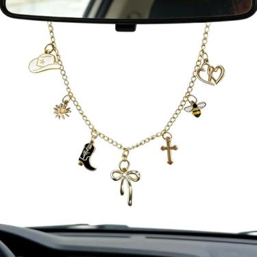 Imagem de Amuleto de espelho retrovisor para carro, acessórios de pendurar de carro dourado com cruz vaqueira ocidental girassol abelha coração arco presentes decoração de carros, fé cristã acessórios de carro