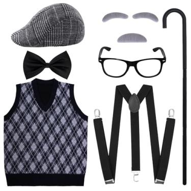 Imagem de Yymobt 7 peças fantasia masculina 100 dias de escola, fantasia masculina de 100 dias de escola para fantasia de avô de Halloween dos anos 20, Preto, Standard