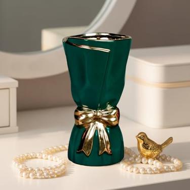 Imagem de Wancetang Modrn Vaso de cerâmica com laço – vasos verdes de 25,4 cm, decoração de casa, vaso de centro esmaltado para cozinha e mesa de centro, prateleira, lareira, decoração de mesa ao ar livre