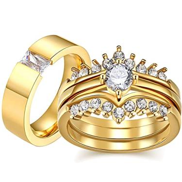 Imagem de 2 anéis para casal, conjuntos de alianças de casamento femininas com coração preenchido em ouro amarelo, conjunto de alianças de casamento masculinas de aço de titânio, women size6 & men size9, Metal