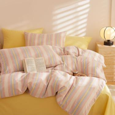 Imagem de EAVD Conjunto de edredom retrô listrado completo, multicolorido, 100% algodão lavado, chique, colorido, listrado, com 2 fronhas, reversível, casa de fazenda, conjunto de edredom para todas as estações