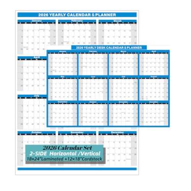 Imagem de Pacote com 2 calendários 2026 – Calendário de parede de 45 x 61 cm e calendário de mesa de 30 x 45 cm, 12 traças – 2 lados vertical e horizontal reversível (1 cartolina e 1 papel laminado) (azul)