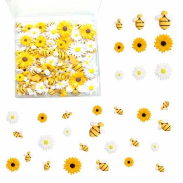 Imagem de DANUDON 100 peças de resina, abelha, margarida, flores, decoração, miniabelhas, para artesanato, girassol, abelha, enfeite de abelha, berloques com caixa para decoração de festa de scrapbooking, 3
