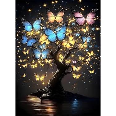 Imagem de WUDWL Kits de arte de diamante para adultos, borboleta-árvore da vida, faça você mesmo, kits modernos de pintura de diamante 5D com pontos de diamante, artesanato com ferramentas, artesanato redondo