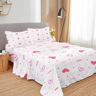 Imagem de SNcek Jogo de lençol solteiro de coração rosa, lençóis listrados de microfibra macia e respirável, lençol com elástico e fronhas