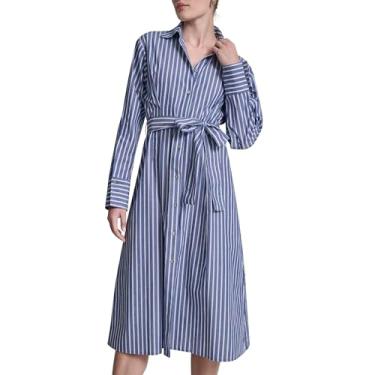 Imagem de DKNY Vestido feminino de manga comprida com gola e gola popelina de algodão, cambraia/branco brilhante, 16