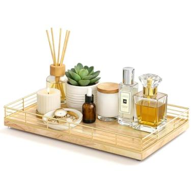 Imagem de Bandeja de vaso sanitário Oka Wood – 33 cm x 20 cm traseira do cesto de vaso sanitário, bandeja de banheiro para bancada, moldura natural e dourada