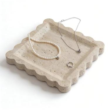 Imagem de Bandeja decorativa de mármore, quadrada com borda recortada, bandeja de travertino bege, organizador de joias e decoração de casa (bege)