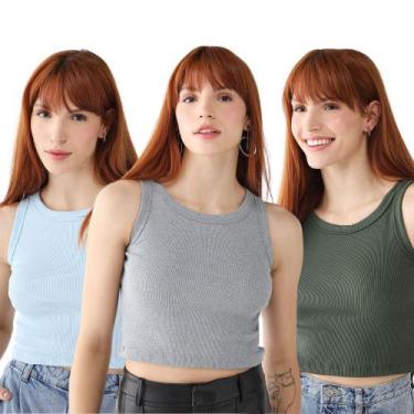 Imagem de Kit 3 Blusas Feminina Cropped Ribana Algodão Premium - 77VS LEVOSCH, C