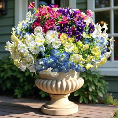 Imagem de Flores artificiais de plantas falsas para decoração ao ar livre, 24 pacotes de glória da manhã colorida de seda com eucalipto resistente a UV flor sintética realista para plantador, porta da frente