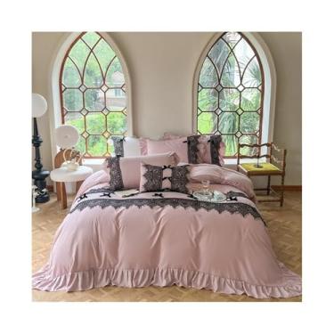 Imagem de x3anggyt5 Jogo de cama vintage chique com babados e laço pretos, capa de edredom de 4 peças, lençol de cima com elástico (rosa, cama de 150 x 200 cm, 4 peças)