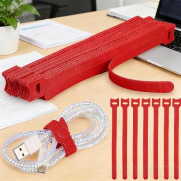 Imagem de Organizador de cabos ajustável de gerenciamento de cabos reutilizáveis, envoltórios de cabo e tiras de gancho para computador, jogos, fio, mesa - essenciais para escritório doméstico (vermelho, 20 x