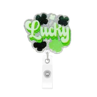 Imagem de Carretel de crachá Lucky Shamrock para o Dia de São Patrício - Porta-crachá retrátil com trevo 3D e amuleto da sorte, acessório de escritório verde para festa de trabalho, festival, desfile