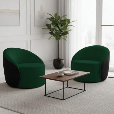 Imagem de Poltrona Sala Orgânica Kit 2 Lua Fixa Sintético Pu Preto/bouclê Verde D03 - D`rossi