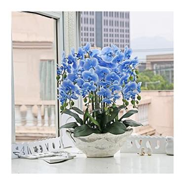 Imagem de Flores artificiais decoração de orquídeas artificiais – flores artificiais Phalaenopsis vasos com vaso de flores, 9 ramos de pano de seda orquídeas bonsai arranjo para casa/festa/casamento plantas