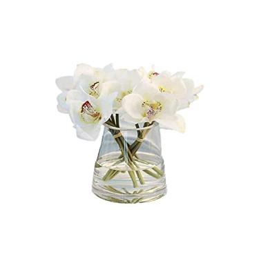Imagem de Cuiynice Flores artificiais orquídeas brancas decoração de flores artificiais, arranjo floral com vaso de vidro, decoração floral para sala de estar mesa de jantar buquês decorações (cor