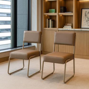 Imagem de Kit 2 Cadeiras Decorativa Sala De Estar Cozinha Jantar Flórida Couro Sintético Bege Tubo Champagne