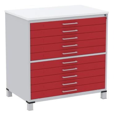 Imagem de Mapoteca 10 Gavetas Pandin 120cm (larg) Inmetro Tampo Mdp Branco Estrutura Aço Cinza Gaveta Vermelha