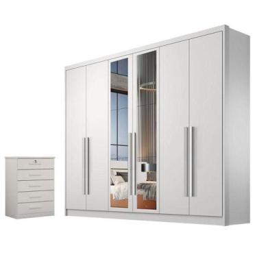 Imagem de Guarda Roupa Casal Livorno Com Espelho E Gaveteiro Suiça Neve - Novo H