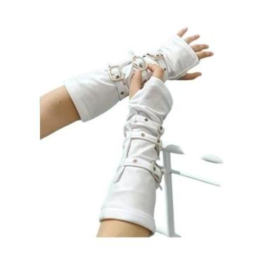 Imagem de Luvas Pretas E Brancas Estilo Punk Sem Dedos 30cm Com Fivela De Ferro 