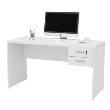 Imagem de Mesa Reta 140x60cm com Pé Painel e 2 Gavetas (1 com Fechadura), Tampo 30mm Reforçado, Mesa para Escritório Corporativo e Home Office Profissional Netmobil (Branco)