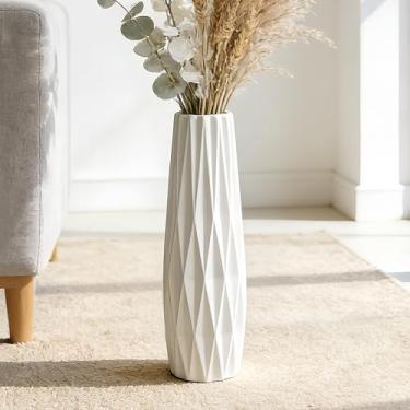 Imagem de TDIAVH Vaso de cerâmica branca, vasos brancos grandes de 38 cm para chão, sala de estar, quarto, escritório, vaso alto de esmalte brilhante para flores, vasos de cerâmica decorativos para decoração de