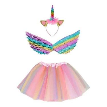 Imagem de Fantasia Saia Unicórnio Arco Íris Asas C/ Tiara Carnaval Desenho do te