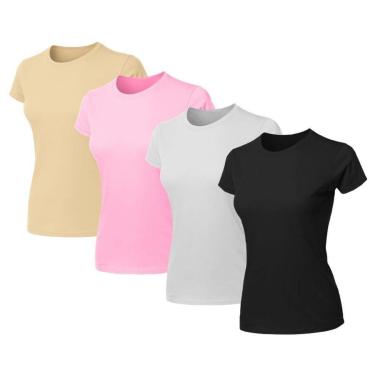 Imagem de Kit 4 Blusas Feminina Camiseta Lisa Básica Algodão Baby Look-Feminino