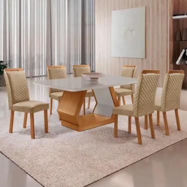 Imagem de Mesa de Jantar Alvorada 180cm Tampo MDF Vidro Canto Copo com 6 Cadeira