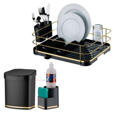 Imagem de Kit Cozinha 3 Peças Escorredor Louça Talheres Lixeira 2,5L Organizador