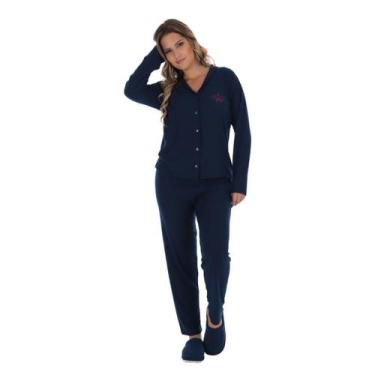 Imagem de Pijama Inverno Feminino Canelado Americano Victory, M, Marinho