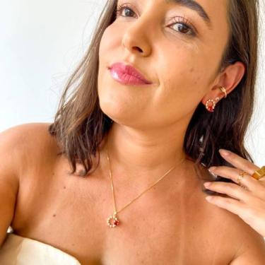 Imagem de Conjunto Colar e Brincos círculo com zircônia rosa banhado a Ouro 18k 