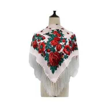 Imagem de Lenço Quadrado De Luxo Com Estampa Floral E Franjas Para Mulheres, Ban