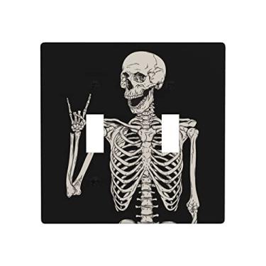 Imagem de Groamaup Placa de interruptor de parede com botões duplos Rock and Roll esqueleto caveira boho hippie padrão duas faixas decorativas placas de interruptor de luz