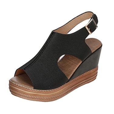 Imagem de Sandálias de moda femininas sapatos casuais anabela senhoras fivela sólida romana sandália feminina plástico tamanho 9, Preto, 9