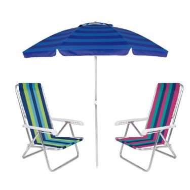 Imagem de Kit Praia Guarda Sol Alumínio Articulado 2m Cadeira Reclinável 8 Posições Alumínio - Mor