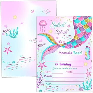 Imagem de Nopoben Cartões de convite de festa de aniversário sereia, tema oceano Splish Splash Mermaid Bash Party Celebração, Suprimentos para festas, lembrancinhas, 20 cartões com 20 envelopes – (meiRY01)