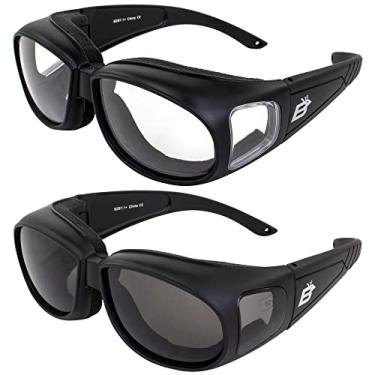 Imagem de 2 pares de óculos de motocicleta acolchoados com espuma Birdz Swallow para armação preta e lentes transparentes/fumaçadas