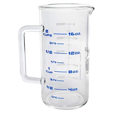 Imagem de Caneca de bebedouro industrial hBARSCI, 500 ml – vidro borossilicato extra resistente 3,3 – forma alta, com bico – dupla face, graduações impressas em copos, onças e mililitros