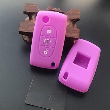 Imagem de YJADHU Capa de chave de carro de borracha de silicone para proteger a pele dobrável com 3 botões, apto para Citroen C2 C4 C5 Picasso Xsara C5 C6 C8, roxo