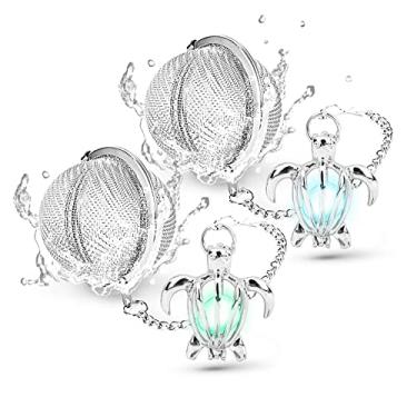 Imagem de 2 peças infusor de chá chá chá Sanavie folha solta chá infusor de aço inoxidável bola de chá malha coador de chá prata brilha no escuro pingente de tartaruga filtro de chá com gancho de corrente estendida para preparar folhas de chá soltas finas