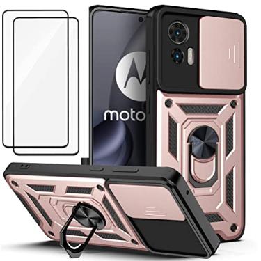 Imagem de Capa para Motorola Moto Edge 30 Neo Capinha | com 2 protetores de tela temperados, janela deslizante de proteção da câmera integrada e suporte para telefone - Rosa